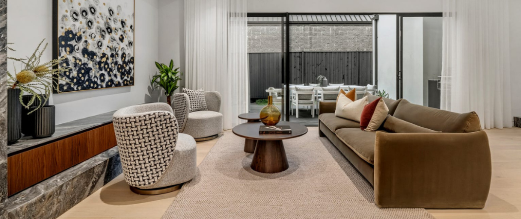 Luxury contemporary living room styling with warm neutral palette for property sale in Glen Iris