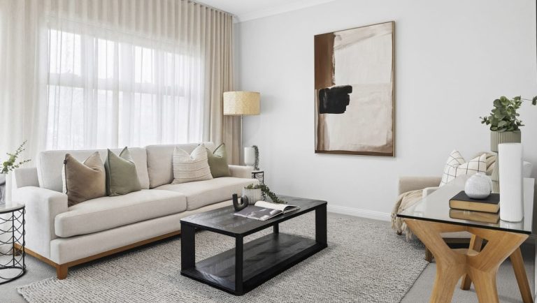 Contemporary family living space with refined neutral styling